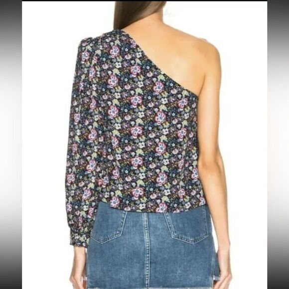 S, Frame Denim Floral Print One Shoulder Top with puff sleeve coastal blue multi - Picture 5 of 14